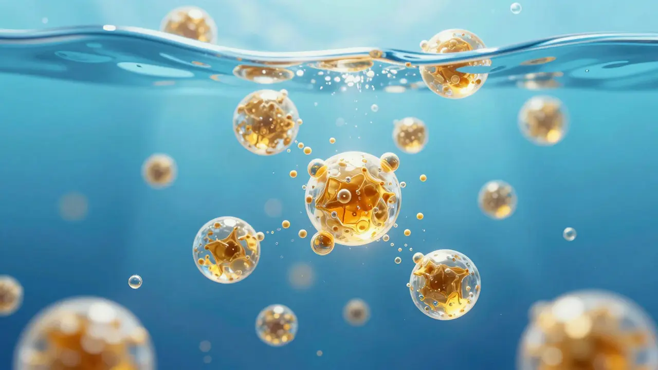 Abstraktní vizualizace nanoemulze THC ve vodě pro rychlé vstřebání