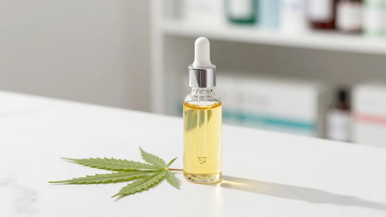 Lahev s CBD olejem a konopný list na mramoru