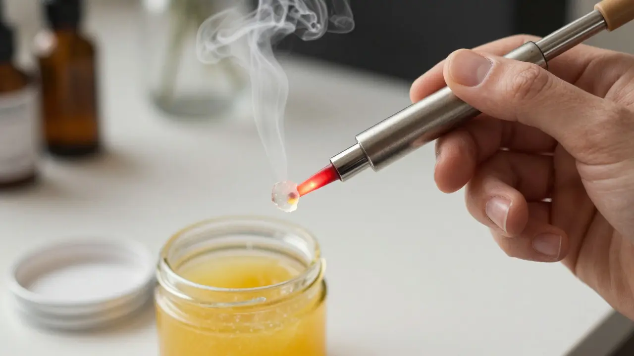 Osoba používá dab rig k zahřátí průhledného kousku CBD shatteru na žhavém hrotu