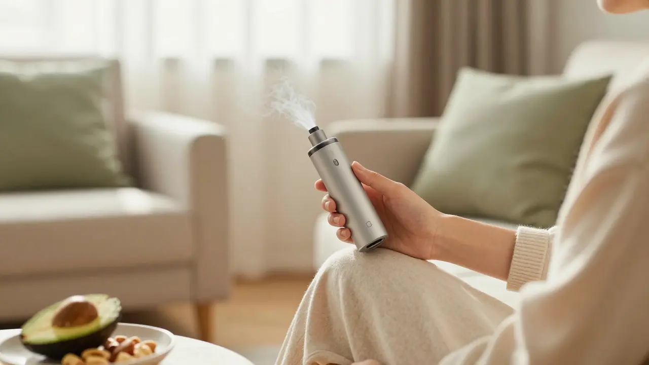 Osoba relaxující s vaporizérem v klidném, slunném interiéru