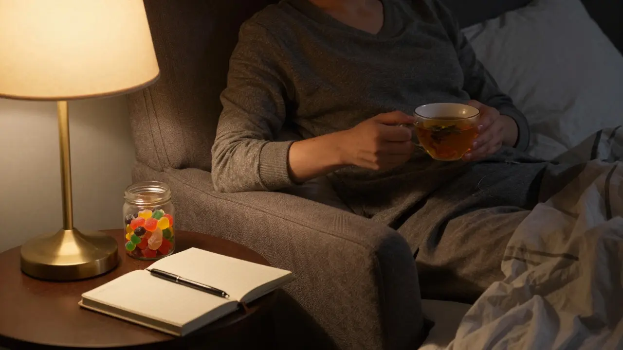 Osoba relaxující v křesle večer vedle sklenice s gumami a deníkem