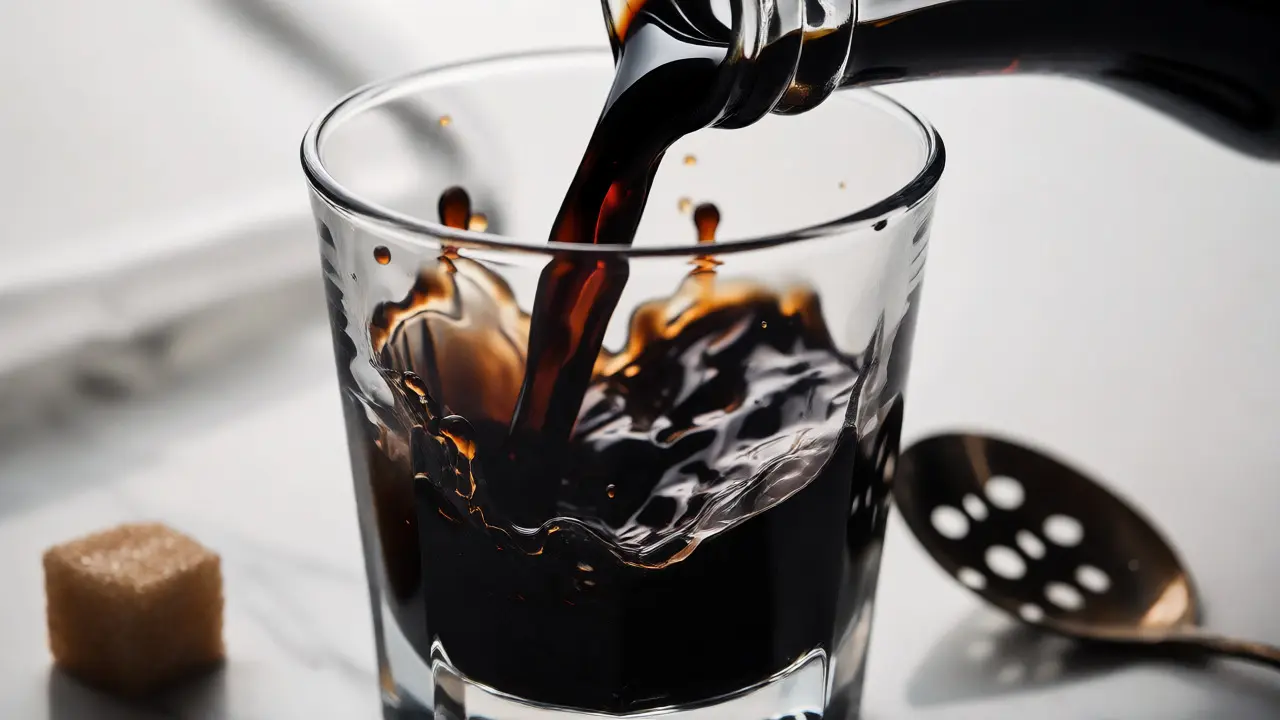 Nalévání hustého černého absintu do sklenice s detailním záběrem