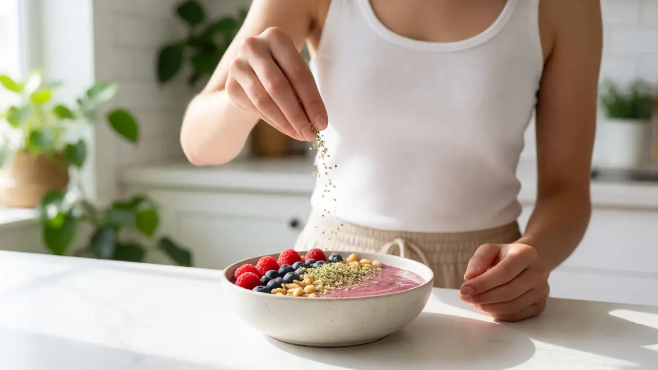 Osoba posypává smoothie bowl konopnými semínky v kuchyni