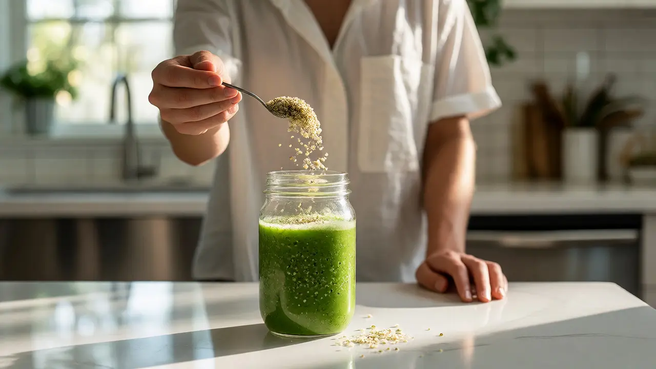 Osoba přidávající konopná semínka do zeleného smoothie v kuchyni