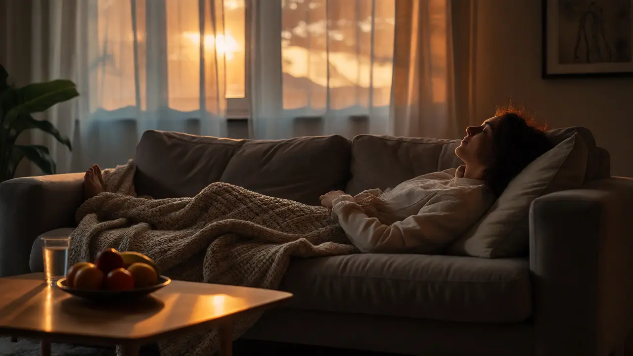 Osoba relaxující na gauči v teplém světle po užití edibles, klidná atmosféra.