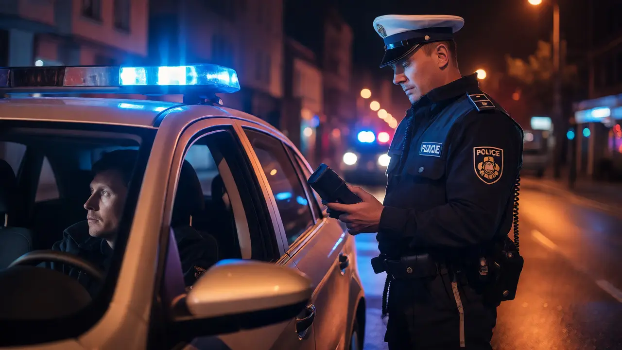 Policista kontroluje řidiče u auta v noci na městské ulici