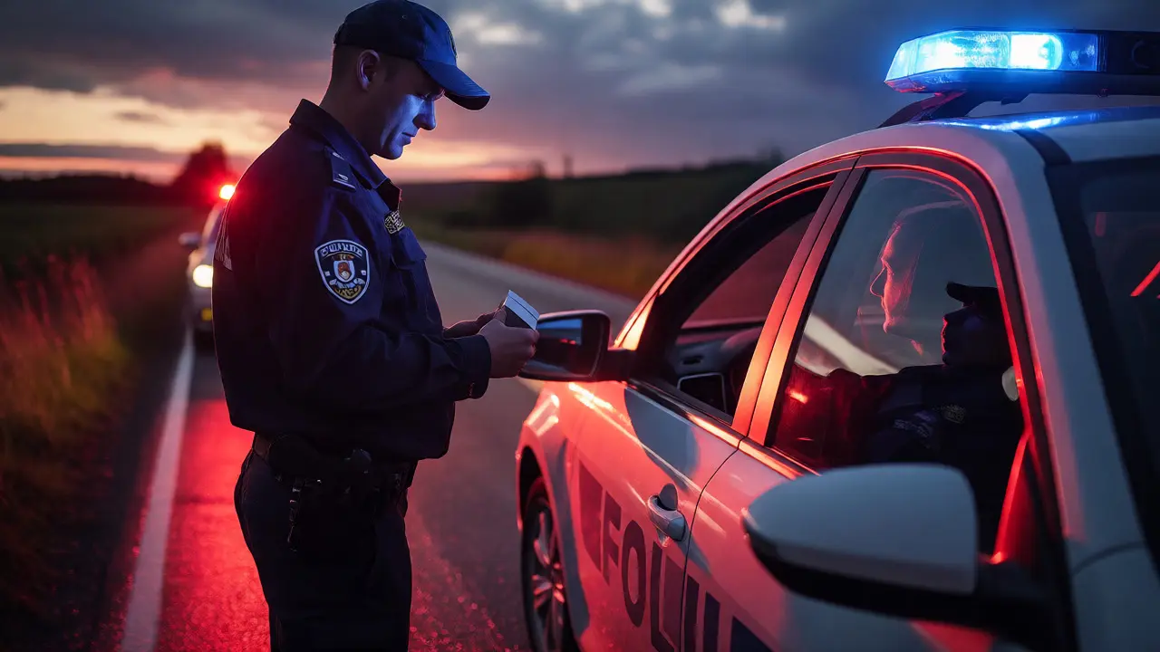 Policista provádějící kontrolu řidiče u zastaveného vozu