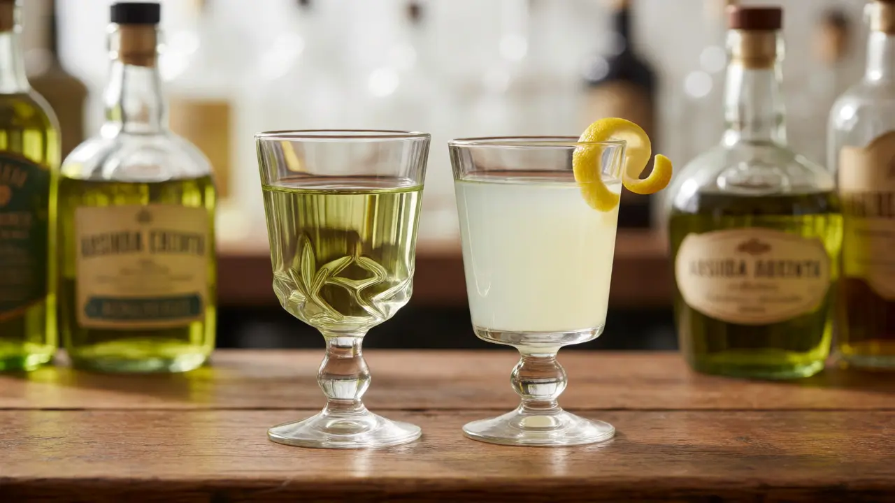 Porovnání čirého a připraveného absintu na dřevěném baru