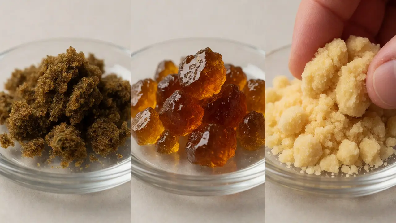 Porovnání textur tří koncentrátů: lepivého hashe, olejovitého resinu a suchého crumble.