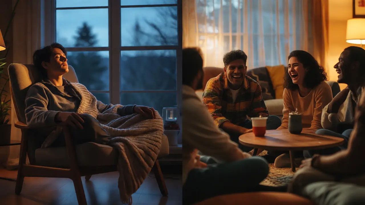 Rozdělený obraz znázorňující tělesnou relaxaci versus mentální stimulaci.