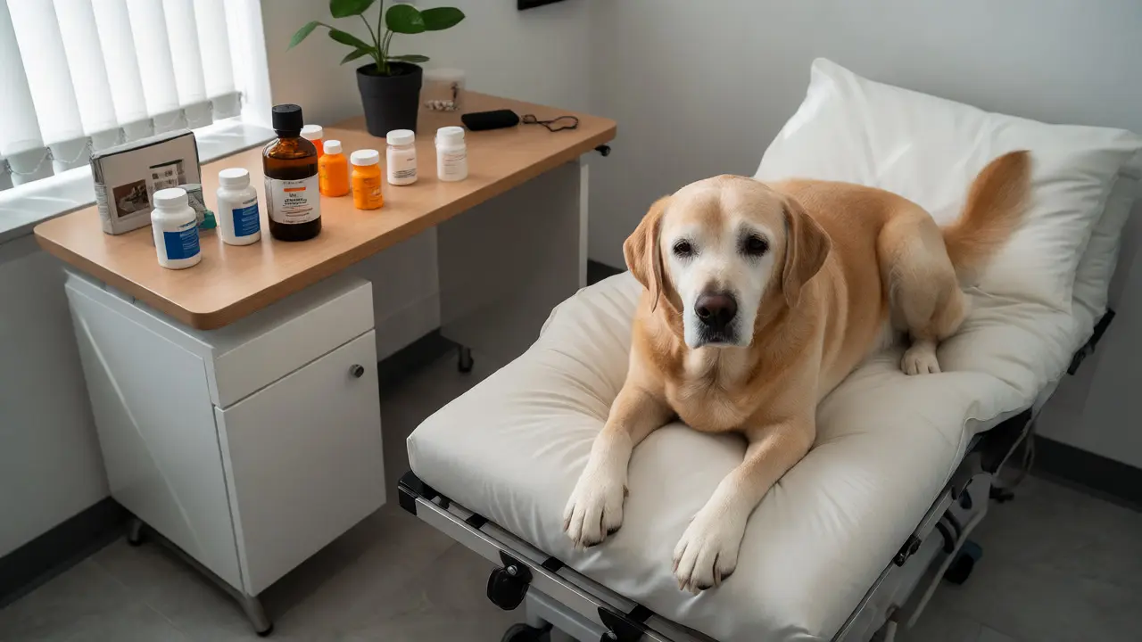 Starší pes odpočívá u veterinárního stolu s láhvemi léků a CBD oleje.