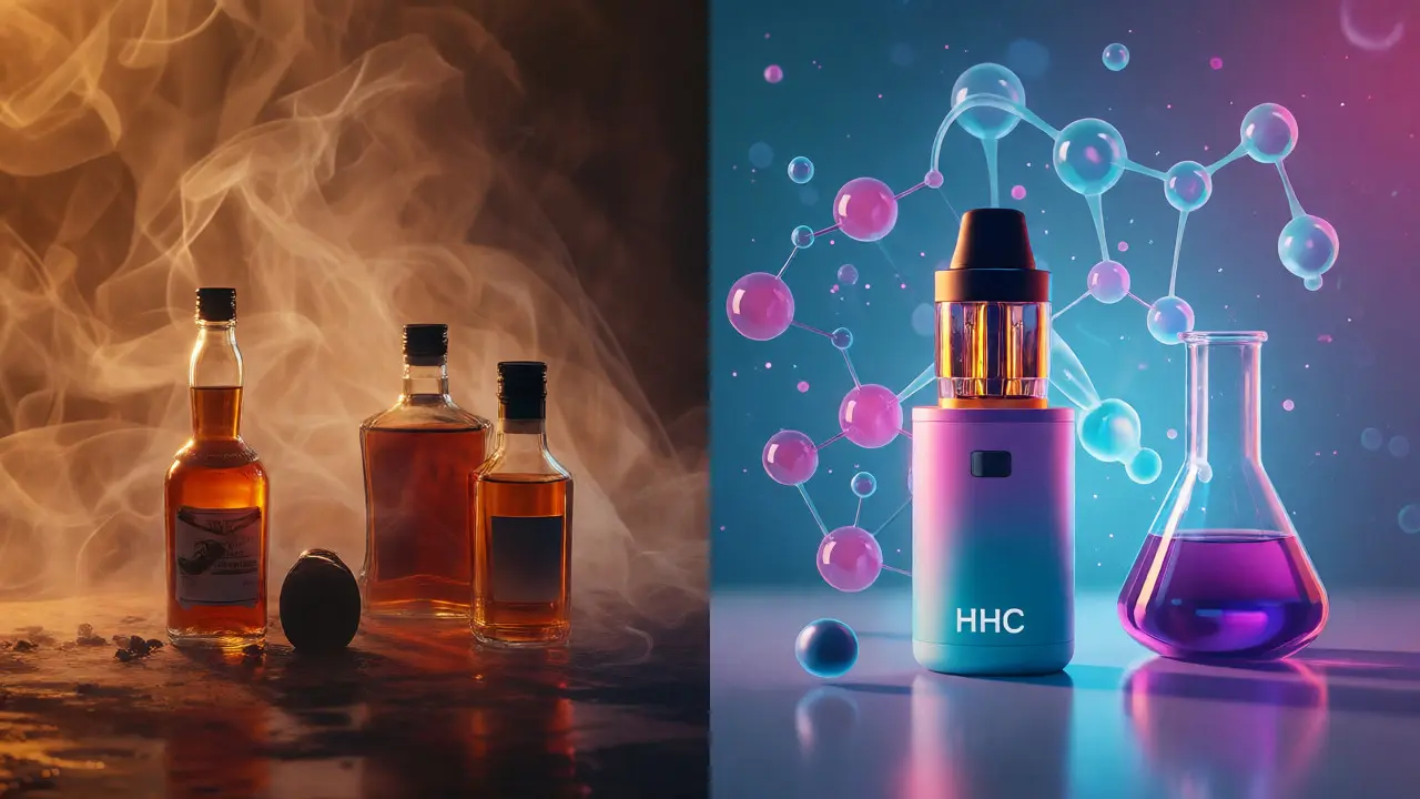 Umělecké srovnání rizik tabáku a alternativního HHC vapu.