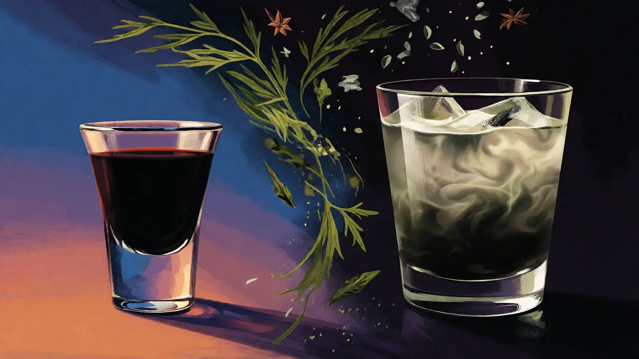 Umělecké zobrazení čistého a ředěného černého absintu s bylinkami
