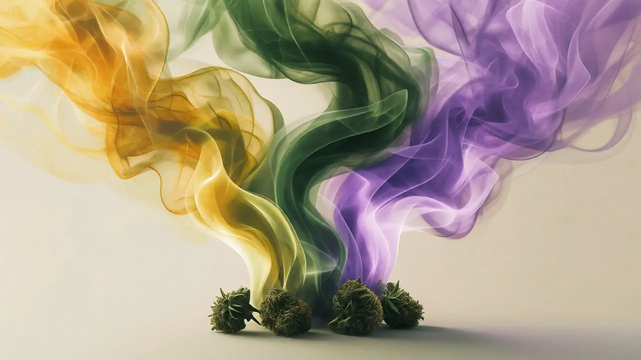Abstraktní vizualizace barevných vůní terpenů stoupajících z květů