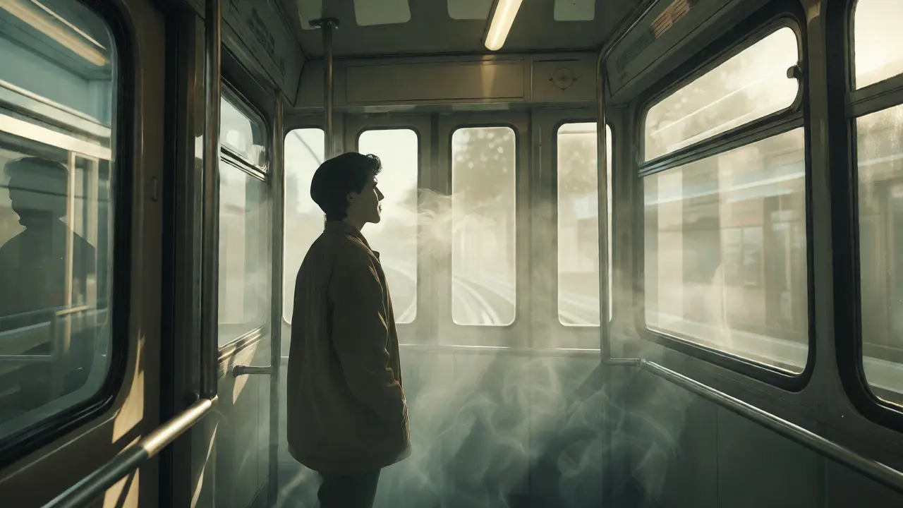 Diskrétní vapování v přeplněné tramvaji s minimální viditelností páry.