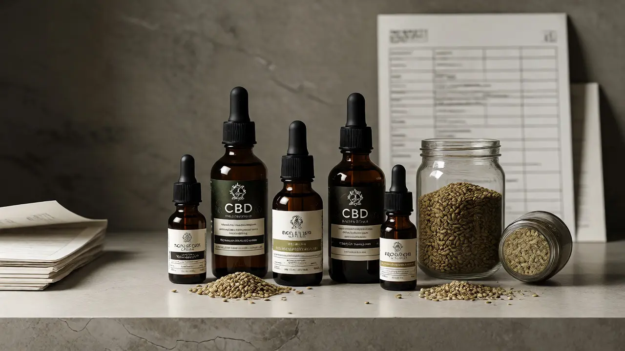 Estetická kompozice lahví s CBD olejem a nádob s konopnými produkty na kamenném povrchu.