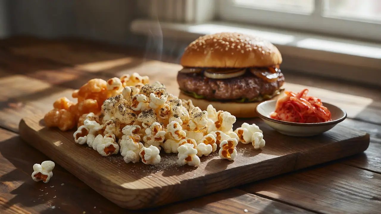 Gurmánské svačiny včetně popcornu s lanýžem, burgeru a kimchi na dřevěné desce.