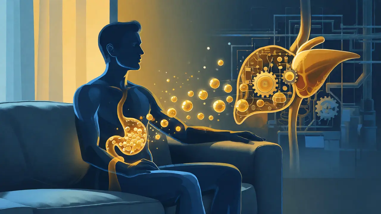 Ilustrace lidského těla se zlatými částicemi CBD putujícími od žaludku k játrům.