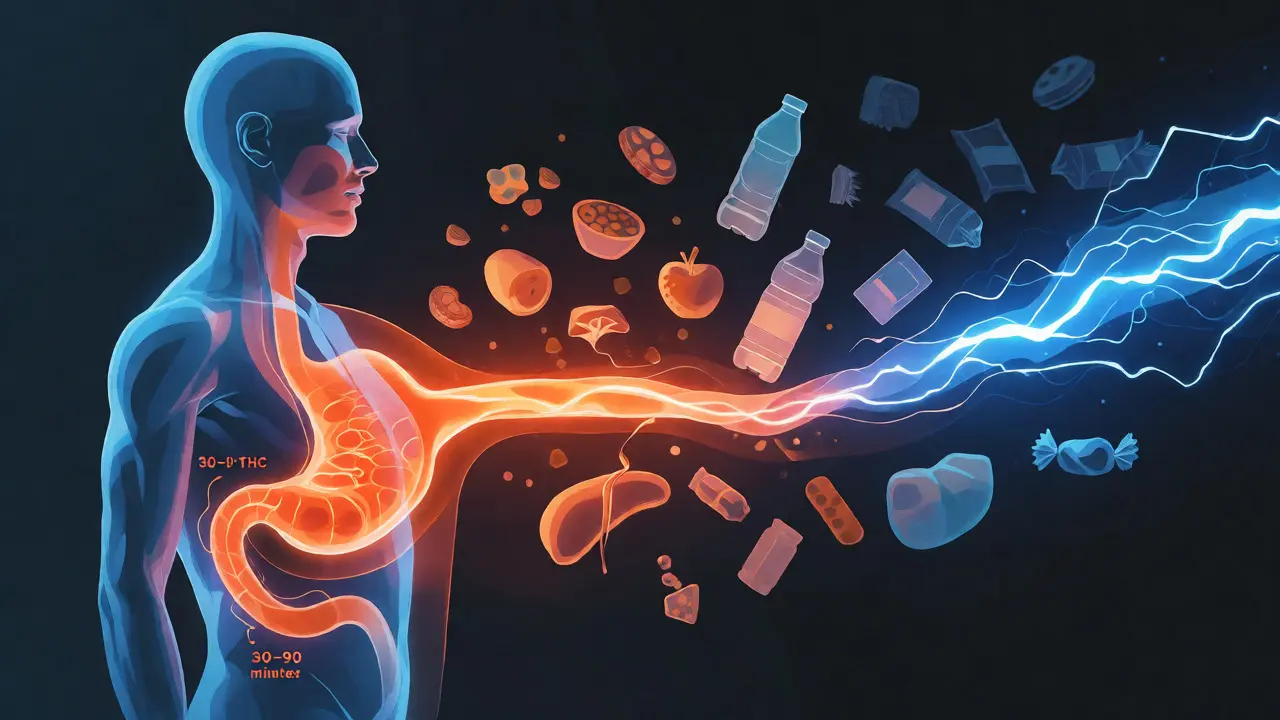 Ilustrace pomalého trávení edibles versus rychlého kouření konopí