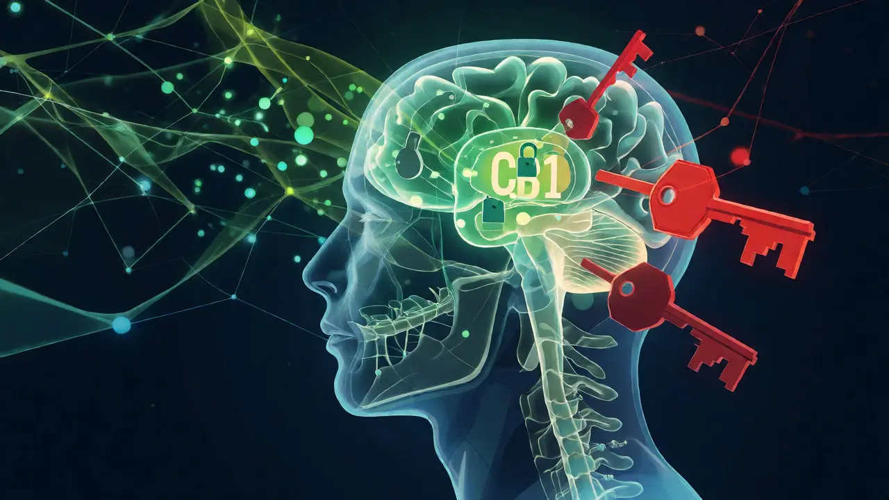 Konceptuální ilustrace endokanabinoidního systému s moduluujícími se receptory