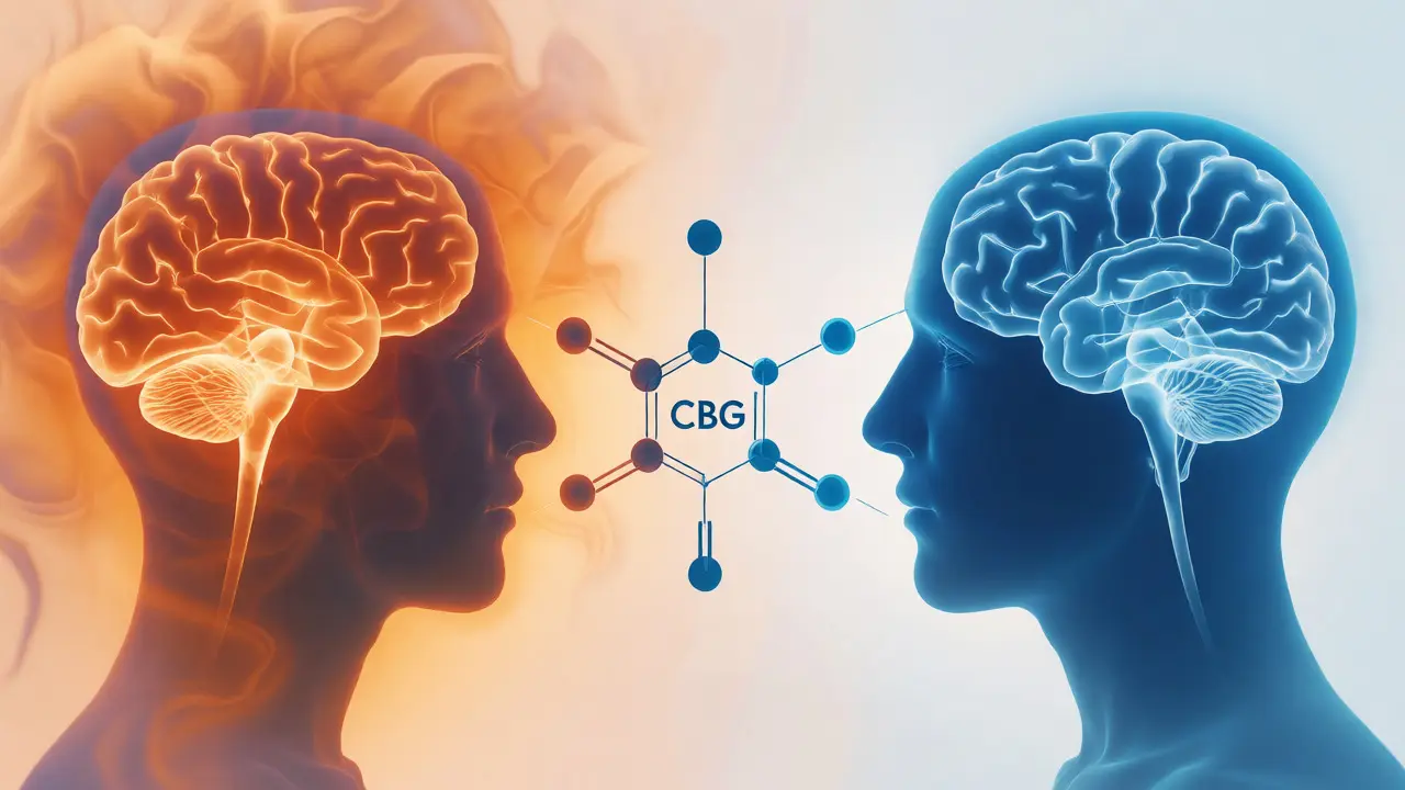 Konceptuální vizualizace rozdílu mezi účinky THC a CBG na tělo