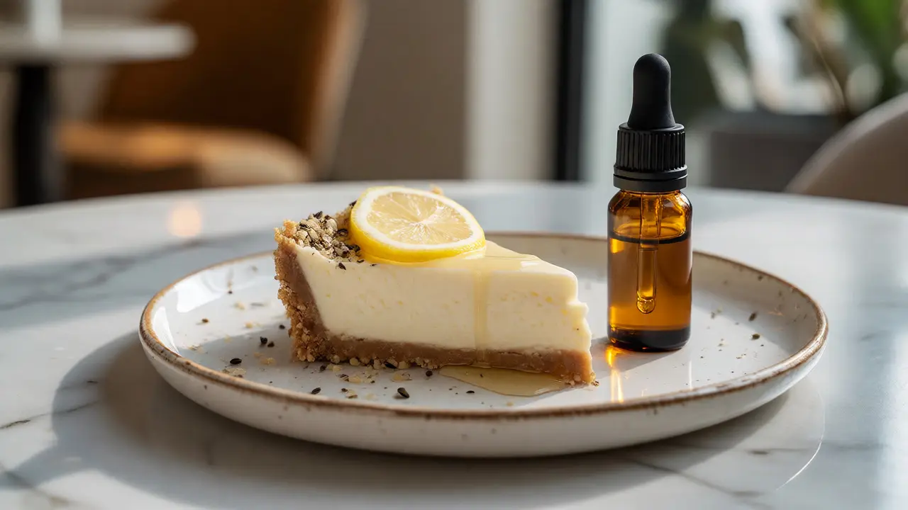Kus citronového cheesecaku s konopnou krustou a kapátkem CBD oleje připravený k podávání.