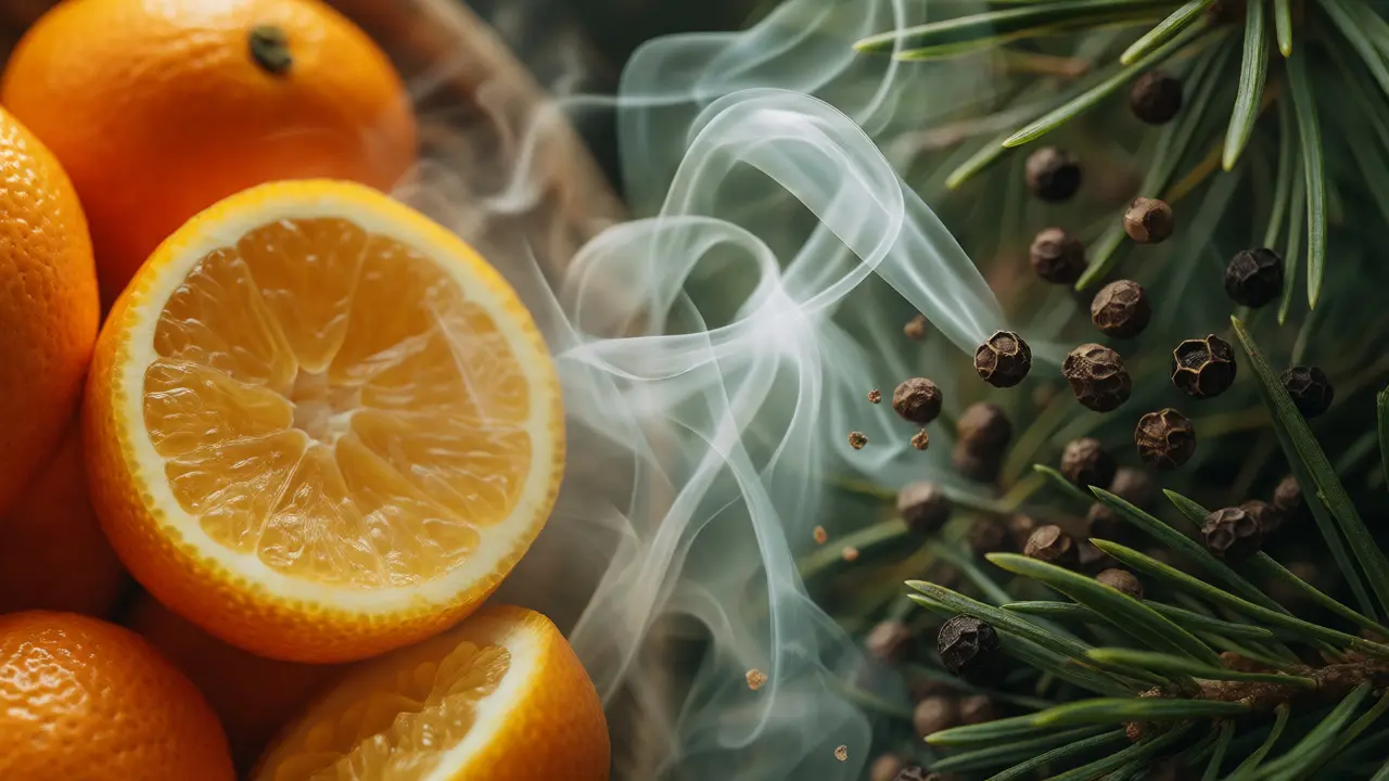 Makro záběr na citrusové plody a bylinky symbolizující terpeny v CBD vapu.