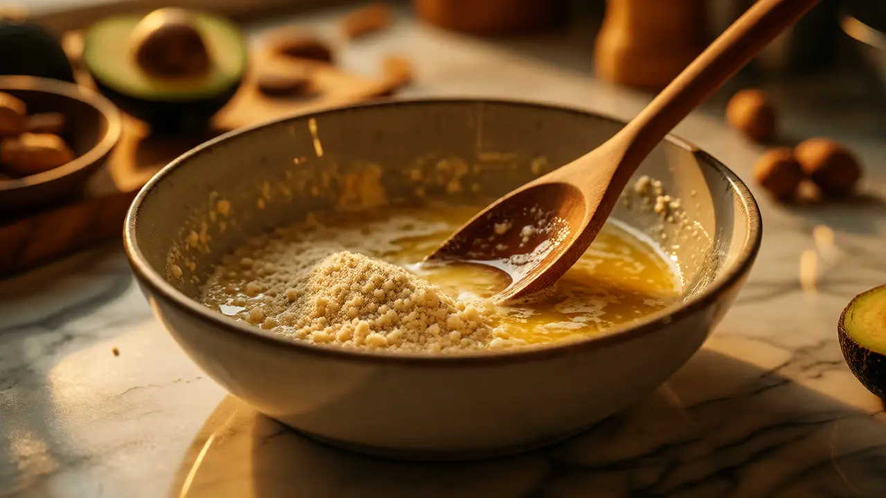 Míchání dekarboxylovaného CBD crumble do rozpuštěného másla v kuchyni