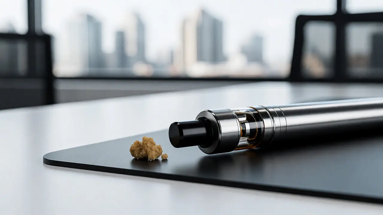 Moderní vaporizér s koncentrátem a kousek CBD crumble na silikonové podložce