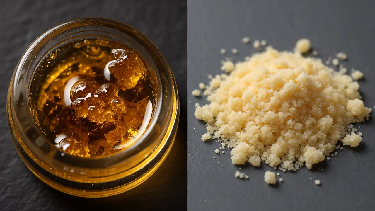 Porovnání zlatého olejovitého live resinu a suché sypké CBD crumble