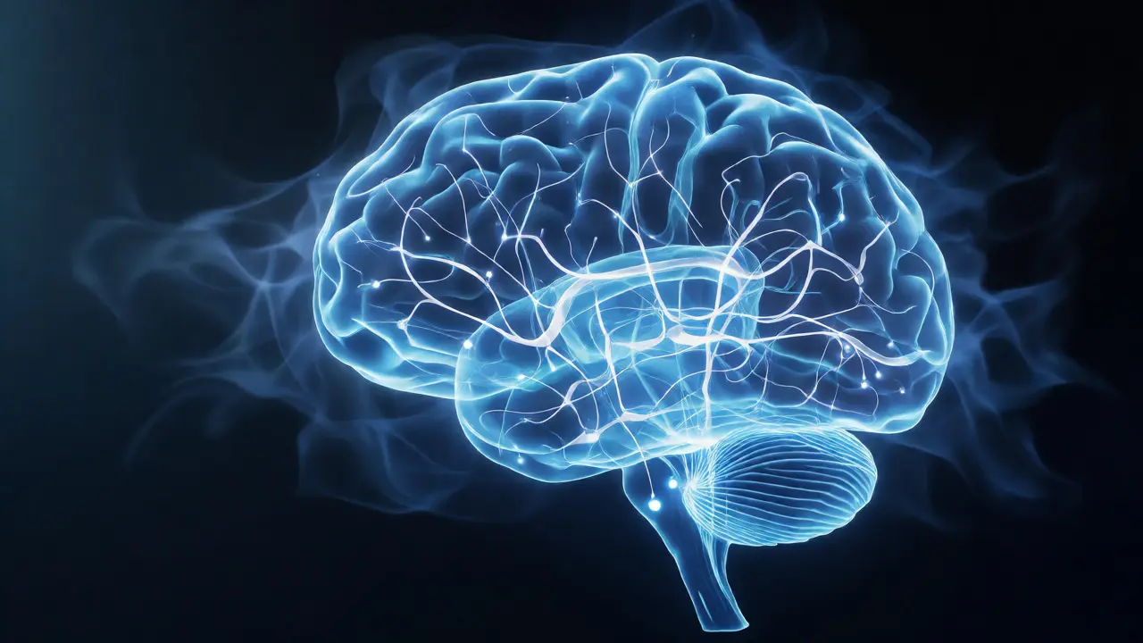 Svítící mozek s jasnými neurony symbolizující mentální jasnost