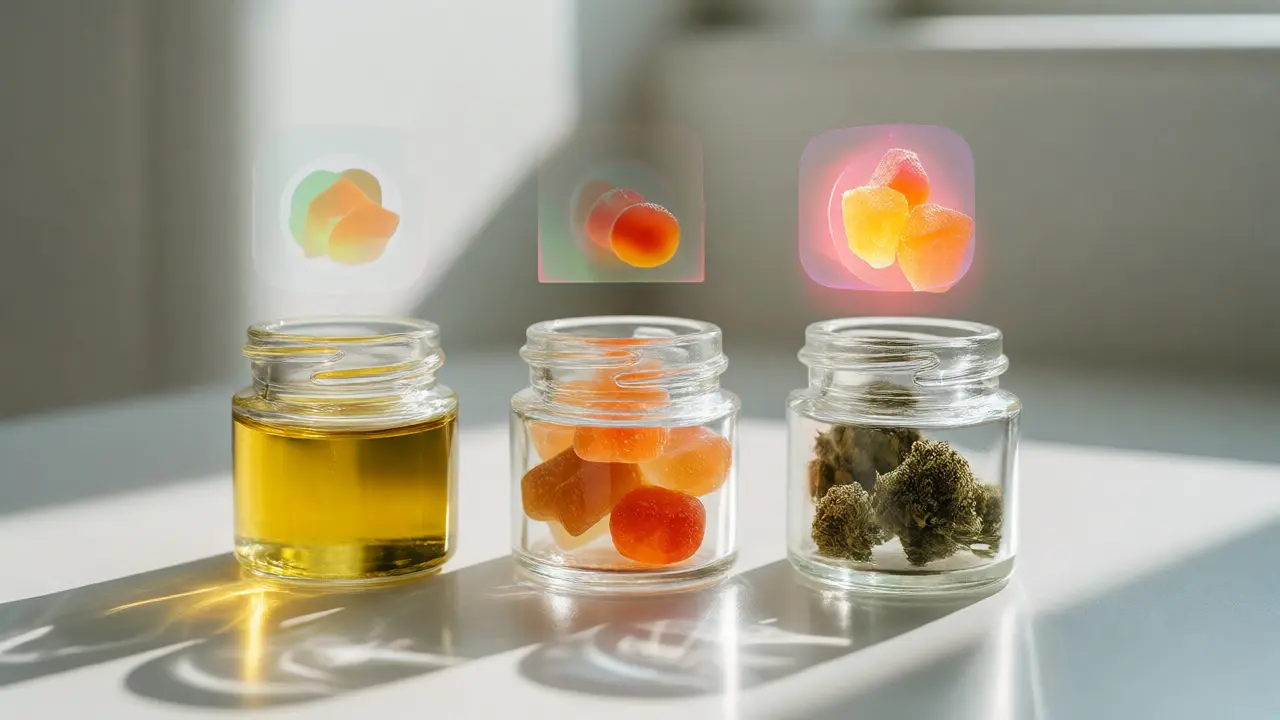 Three jars of cannabis products showing different forms and potencies