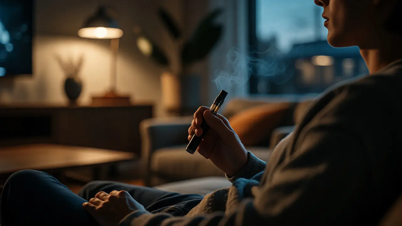 Uživatel relaxující s vapem, znázornění funkčního účinku H4CBD