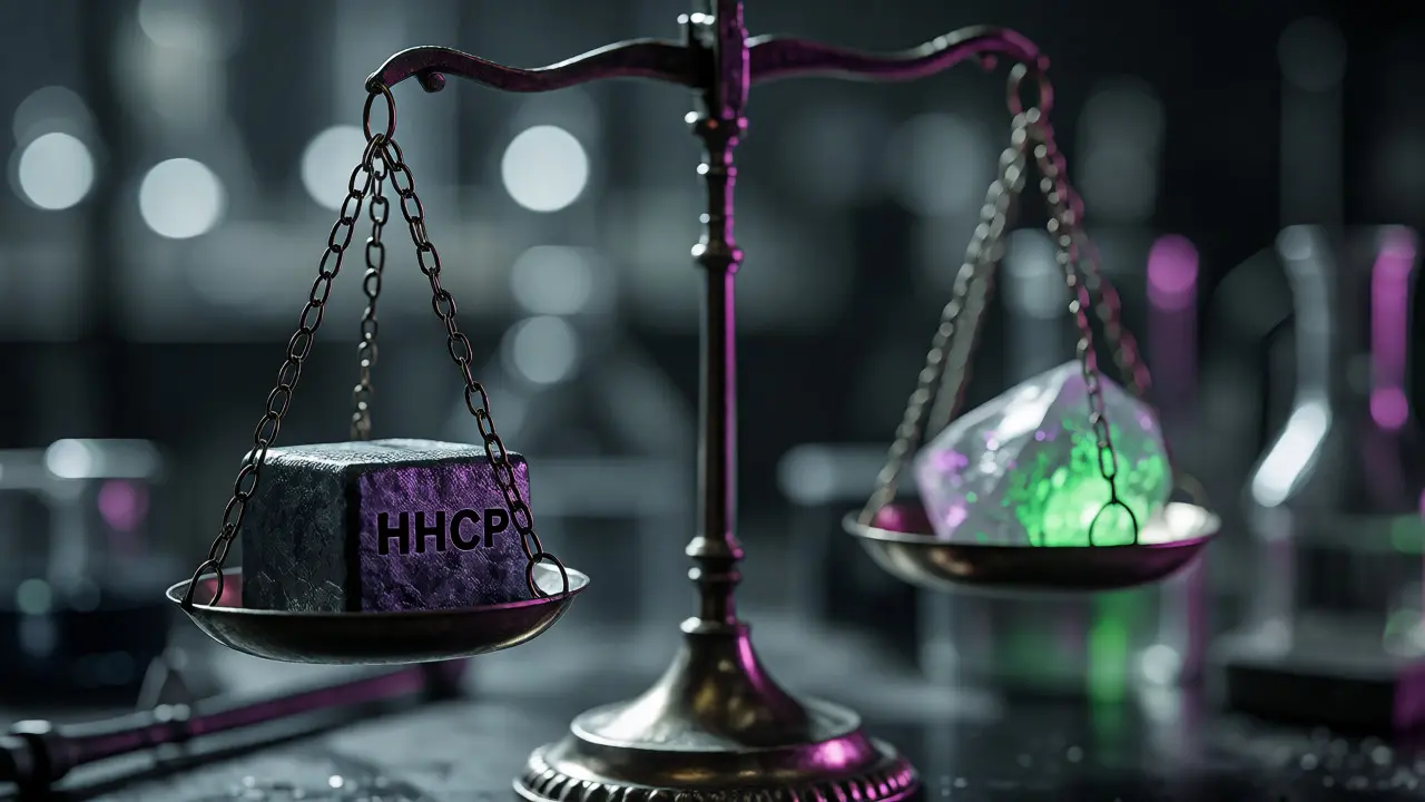 Vážící misky symbolizující sílu HHCP oproti vyváženosti H4CBD